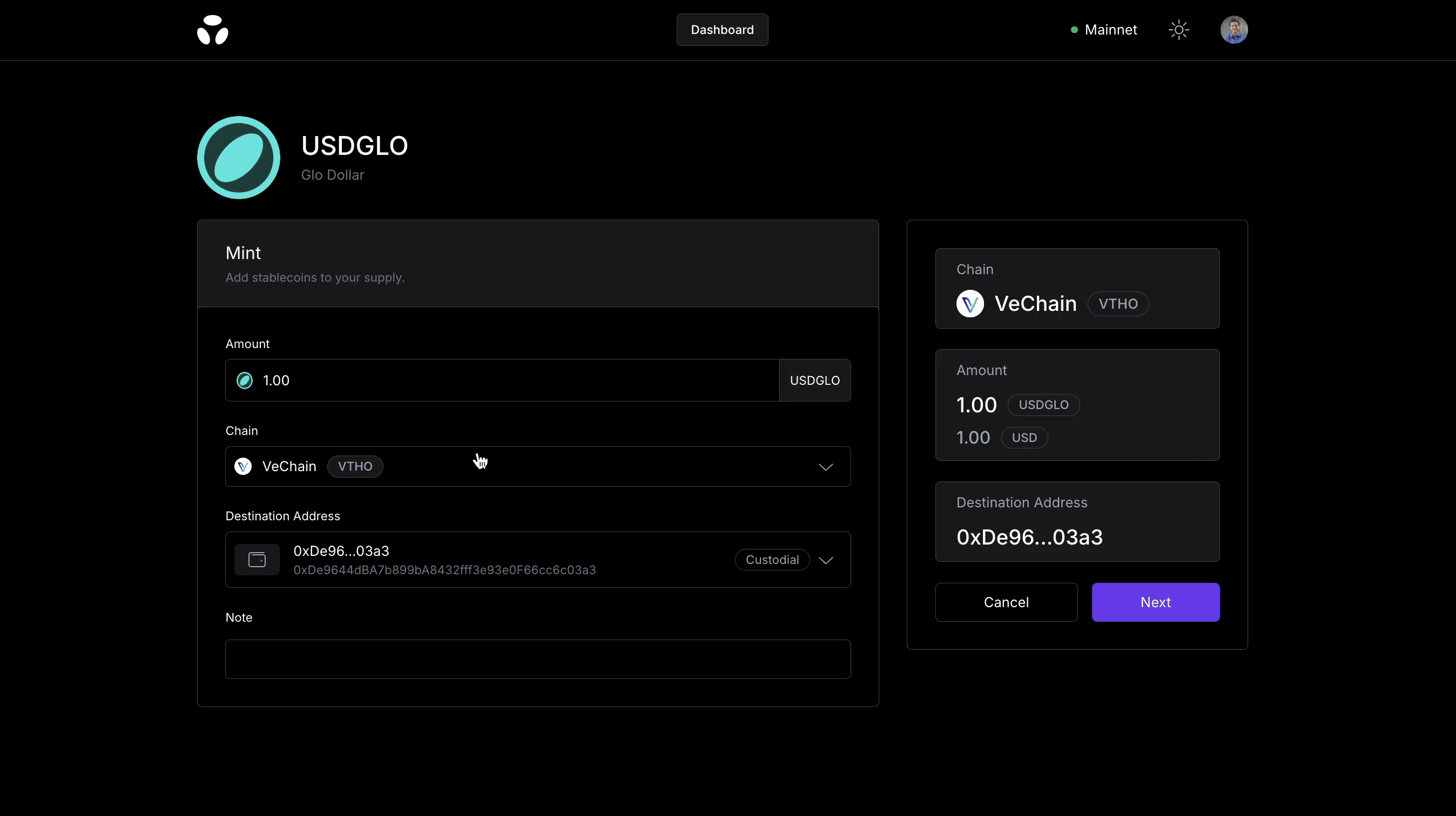Minting Glo Dollar (USDGLO) on VeChain using the Brale Stablecoin Issuance Platform