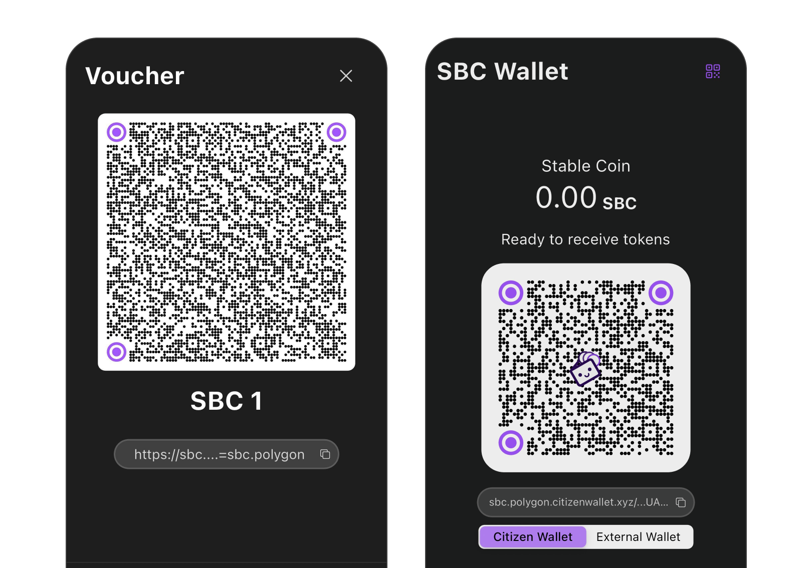 Citizen Wallet UI screenshot of an example voucher and wallet QR codes for
Stable Coin (SBC) | Brale