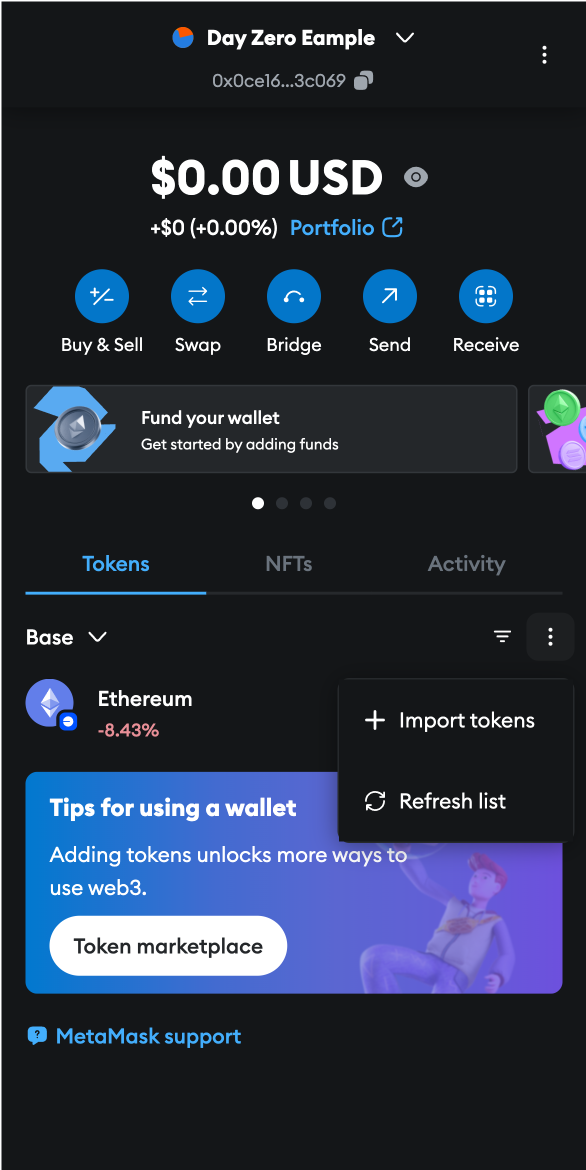 MetaMask UI of wallet without imported tokens