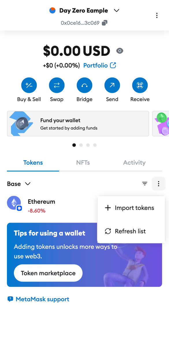 MetaMask UI of wallet without imported tokens