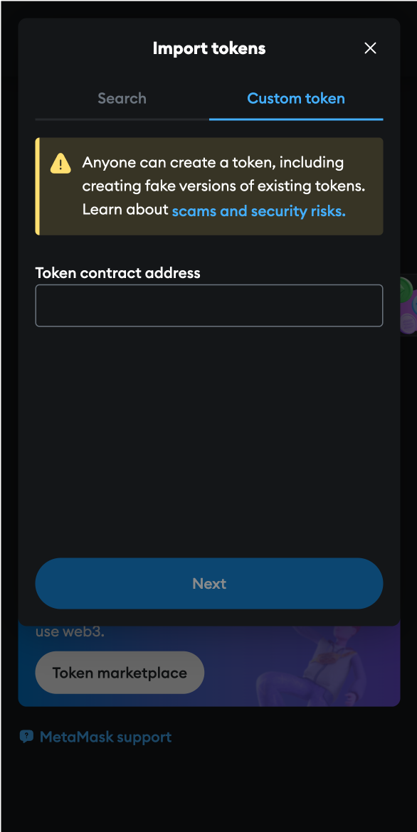 MetaMask UI of Import tokens > Custom token screen