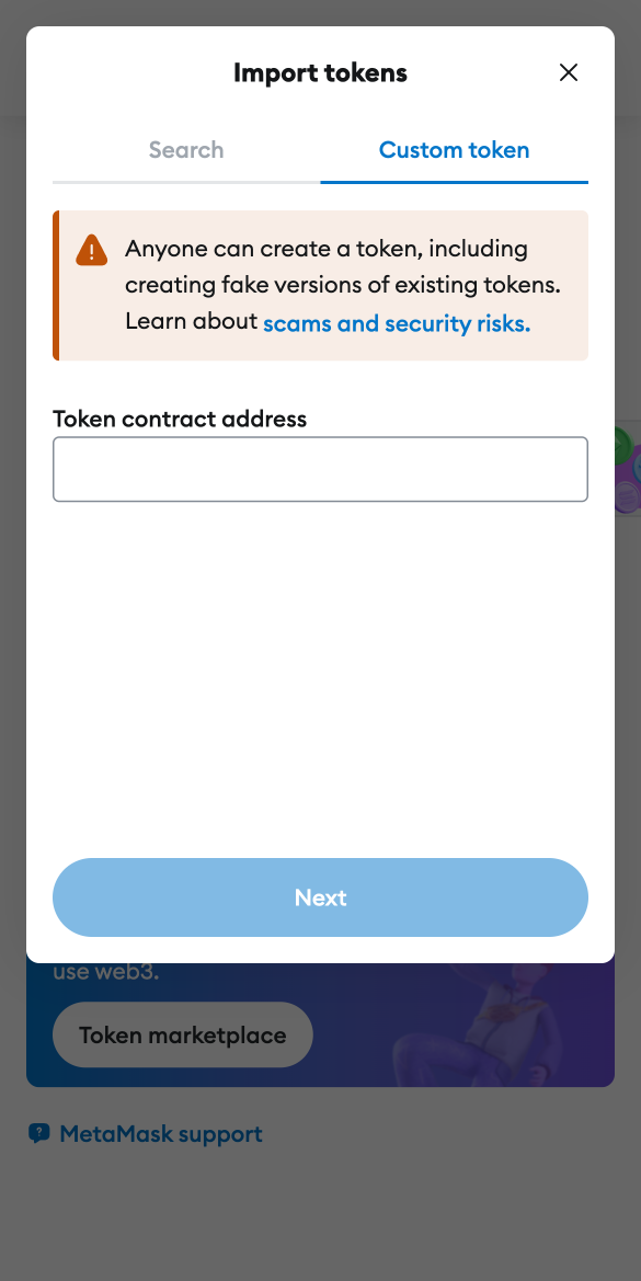 MetaMask UI of Import tokens > Custom token screen