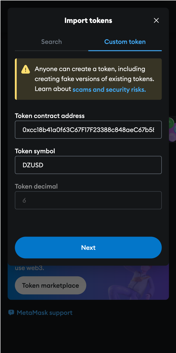 MetaMask UI of adding Token contract address