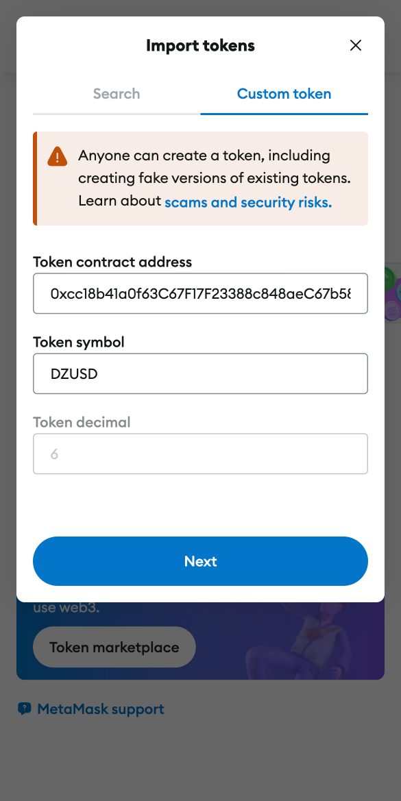 MetaMask UI of adding Token contract address