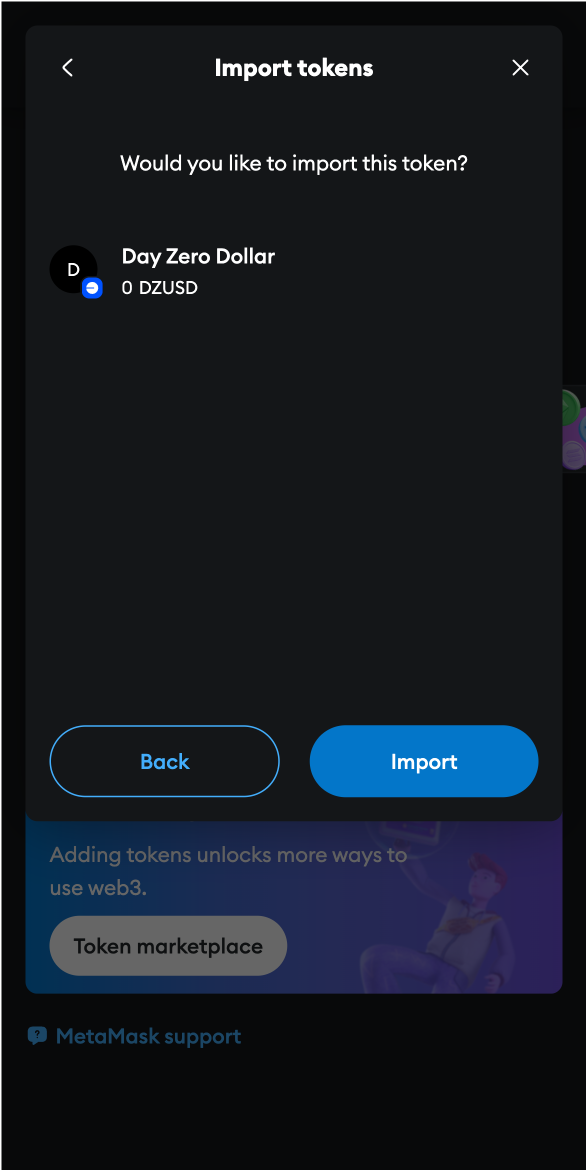 MetaMask UI of confirming importing token