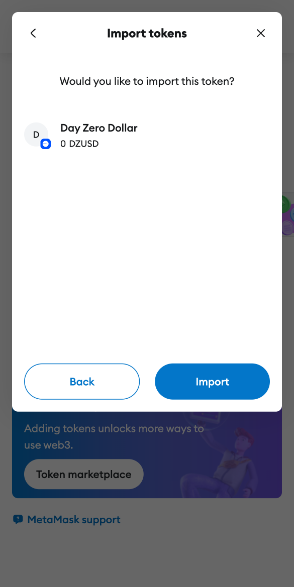 MetaMask UI of confirming importing token