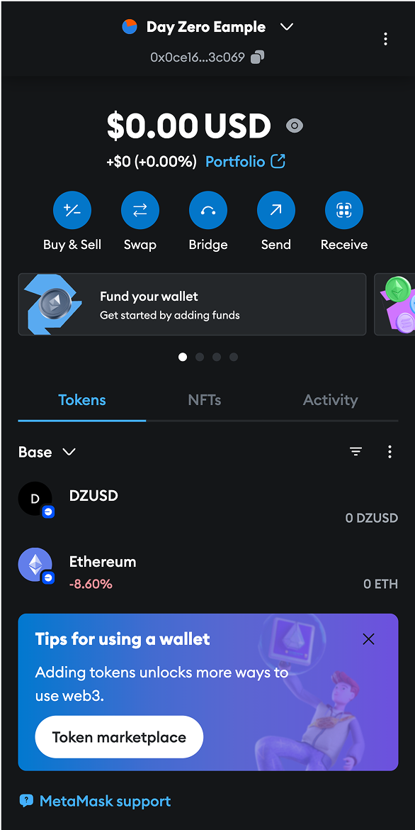 MetaMask UI of imported custom token in Tokens list