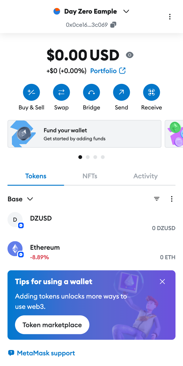MetaMask UI of imported custom token in Tokens list