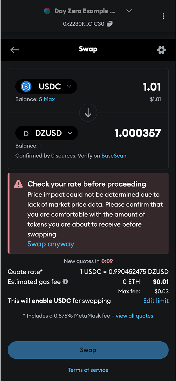 MetaMask UI of USDC to DZUSD swap