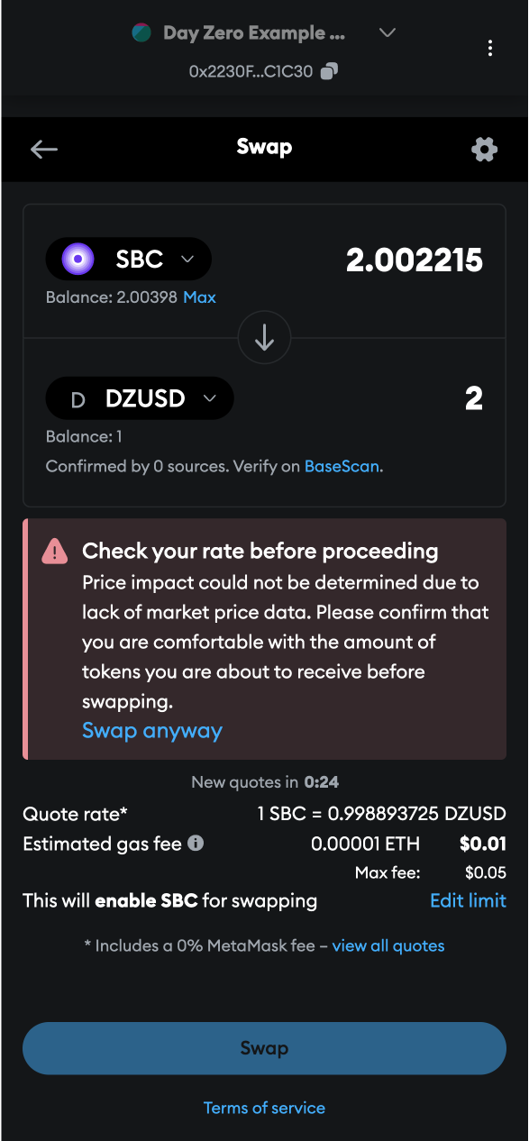MetaMask UI of SBC to DZUSD swap
