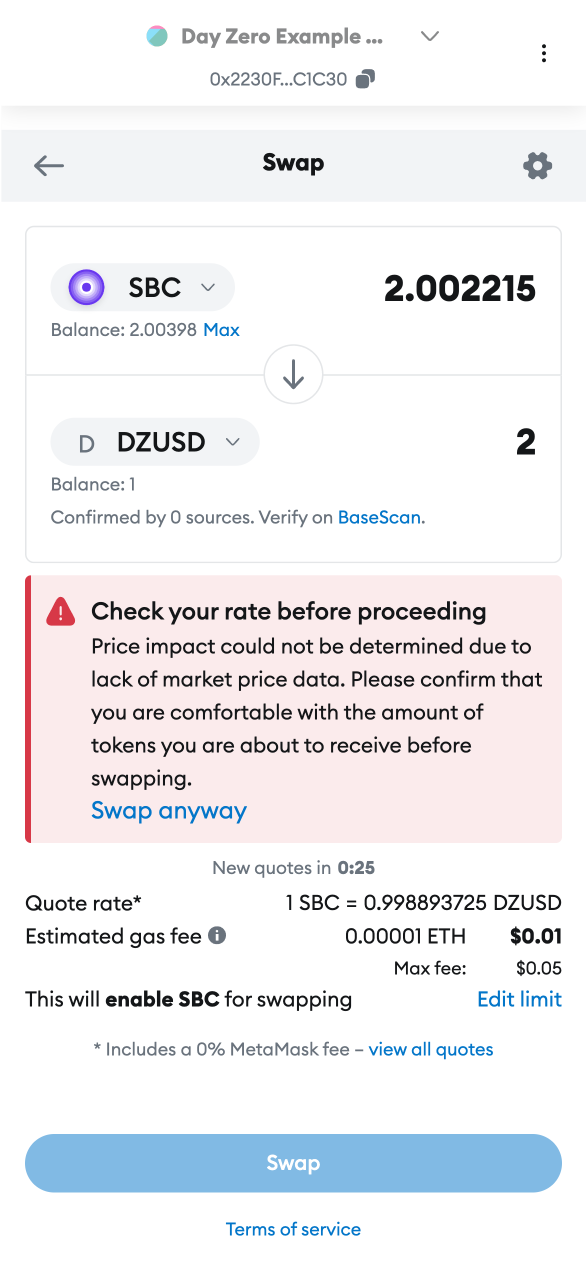 MetaMask UI of SBC to DZUSD swap