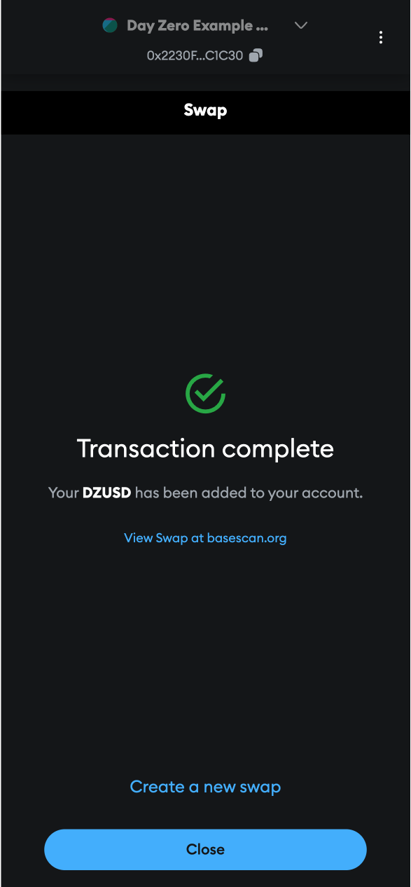 MetaMask UI of DZUSD swap confirmation