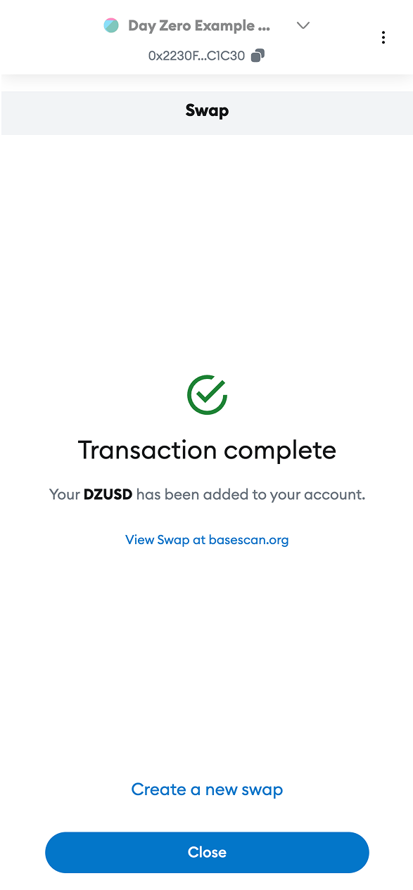 MetaMask UI of DZUSD swap confirmation