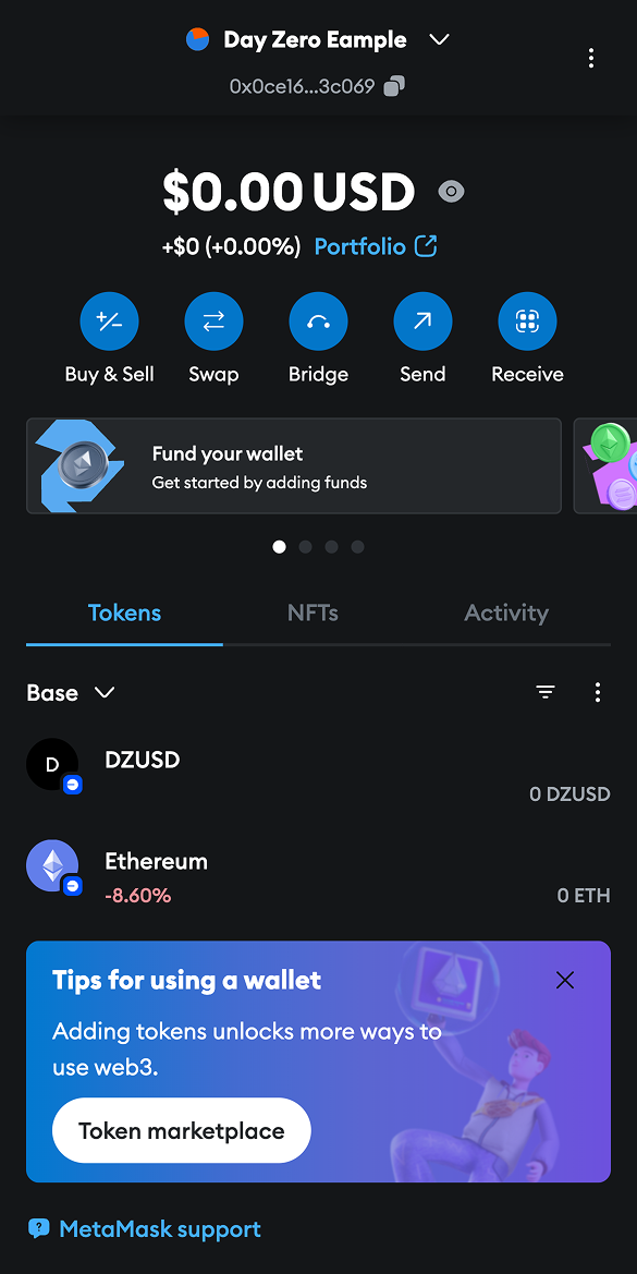MetaMask UI of wallet without imported tokens