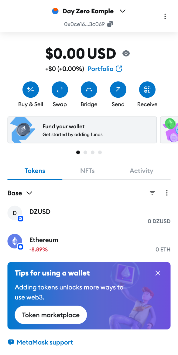 MetaMask UI of wallet without imported tokens