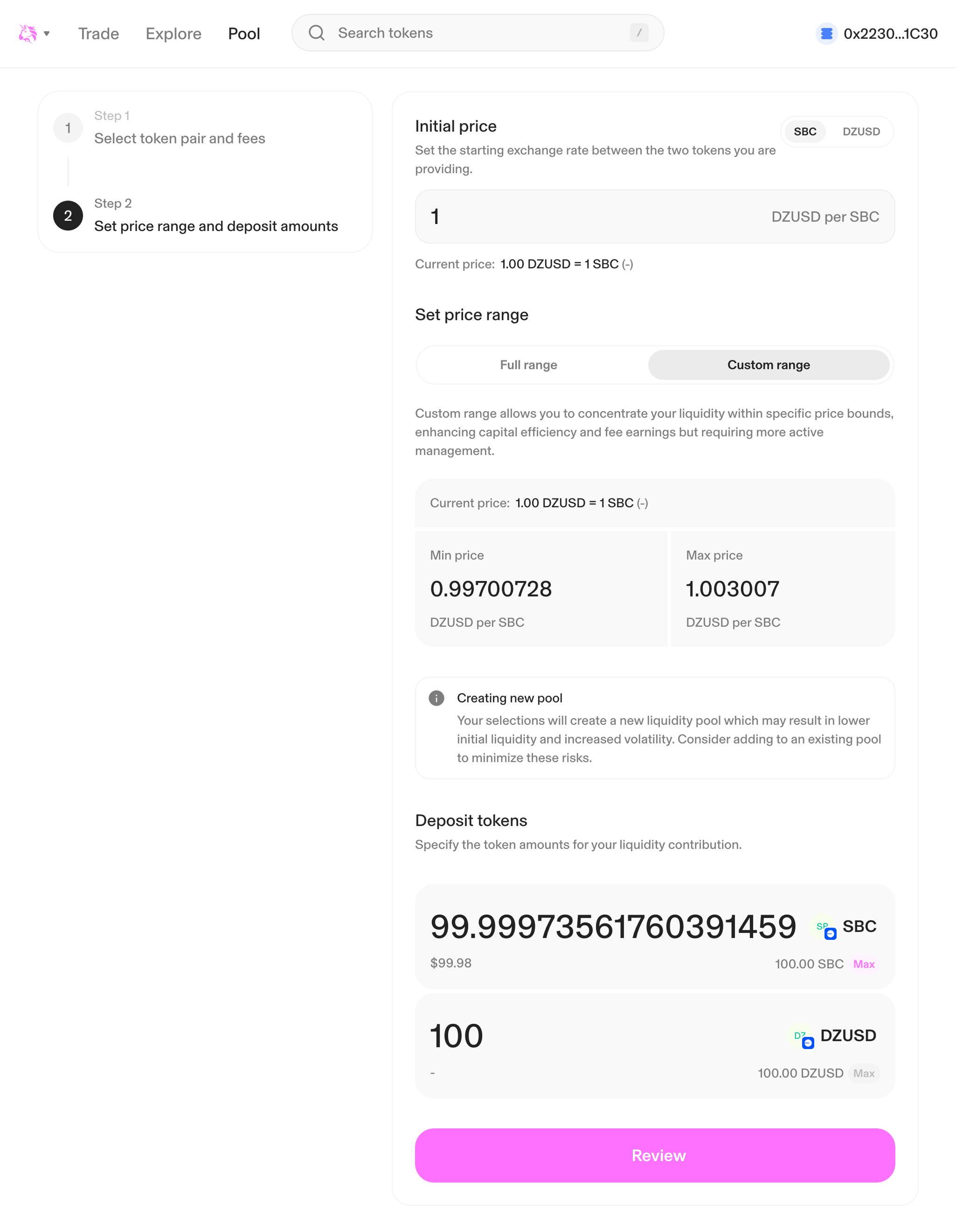 Uniswap liquidity pool UI of DZUSD and SBC on Base setting price range and deposit amounts