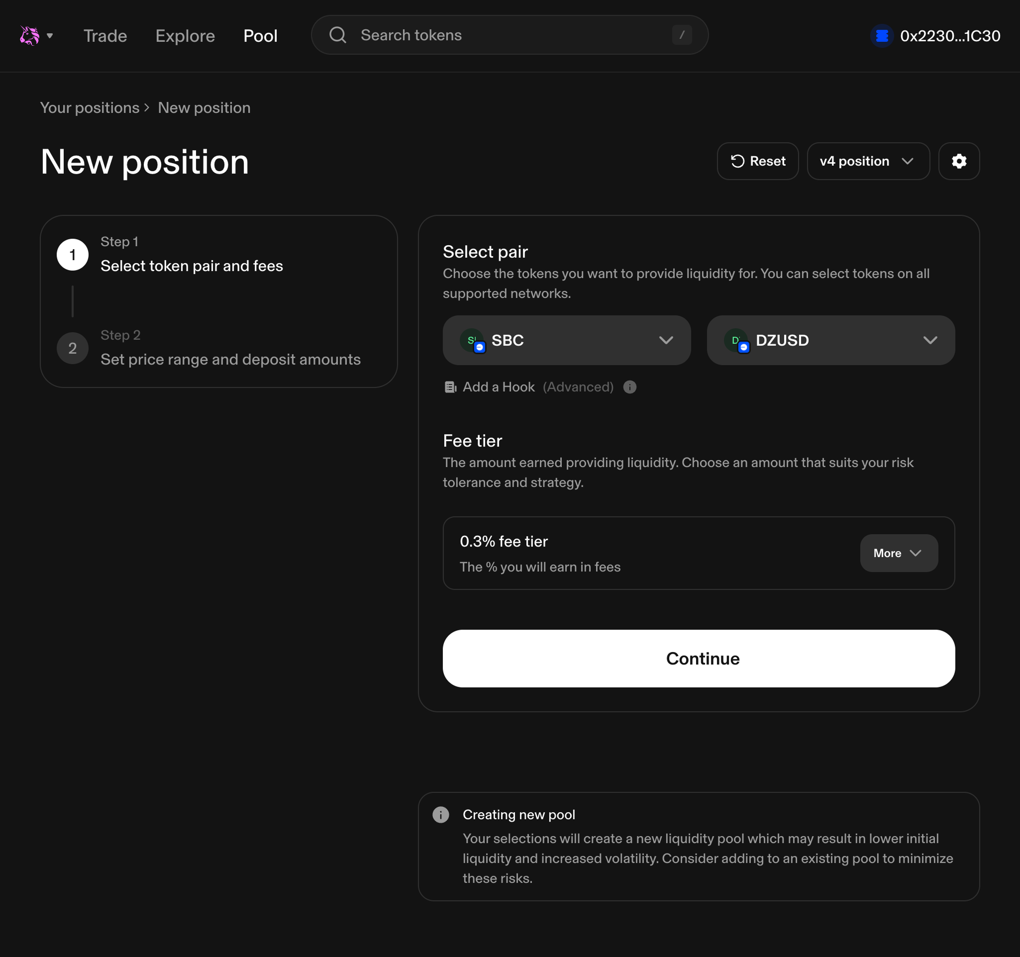 Uniswap liquidity pool UI of DZUSD and SBC on Base