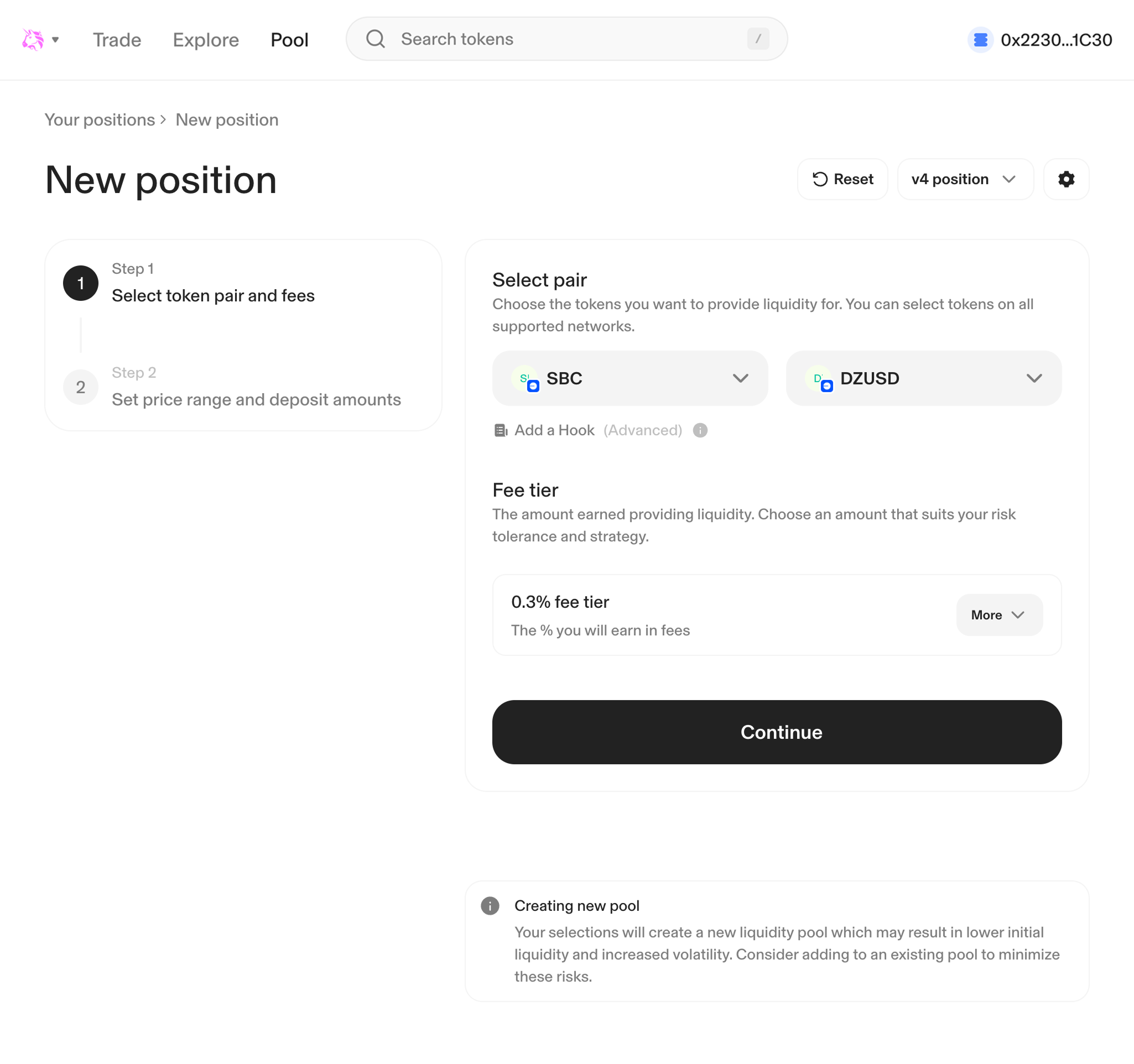 Uniswap liquidity pool UI of DZUSD and SBC on Base