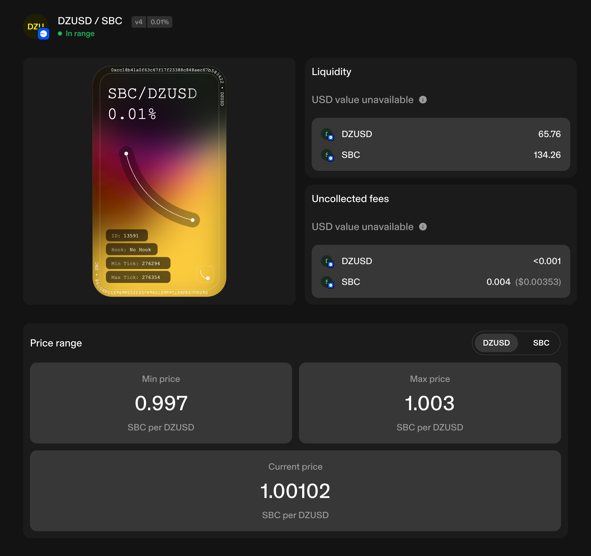 Uniswap live liquidity pool UI of DZUSD and SBC on Base