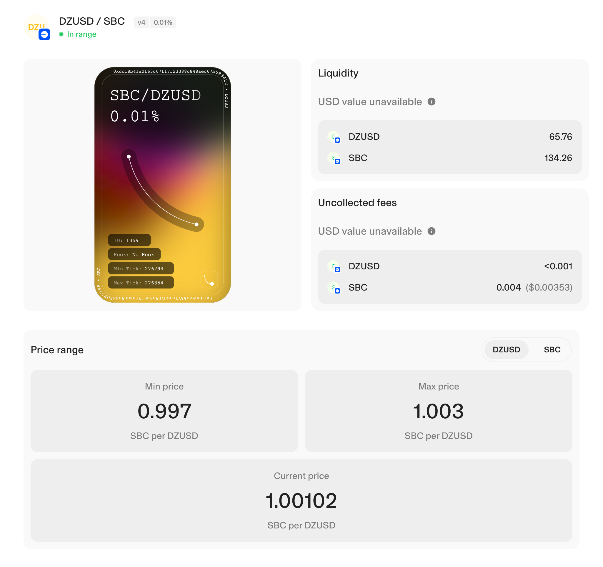 Uniswap live liquidity pool UI of DZUSD and SBC on Base