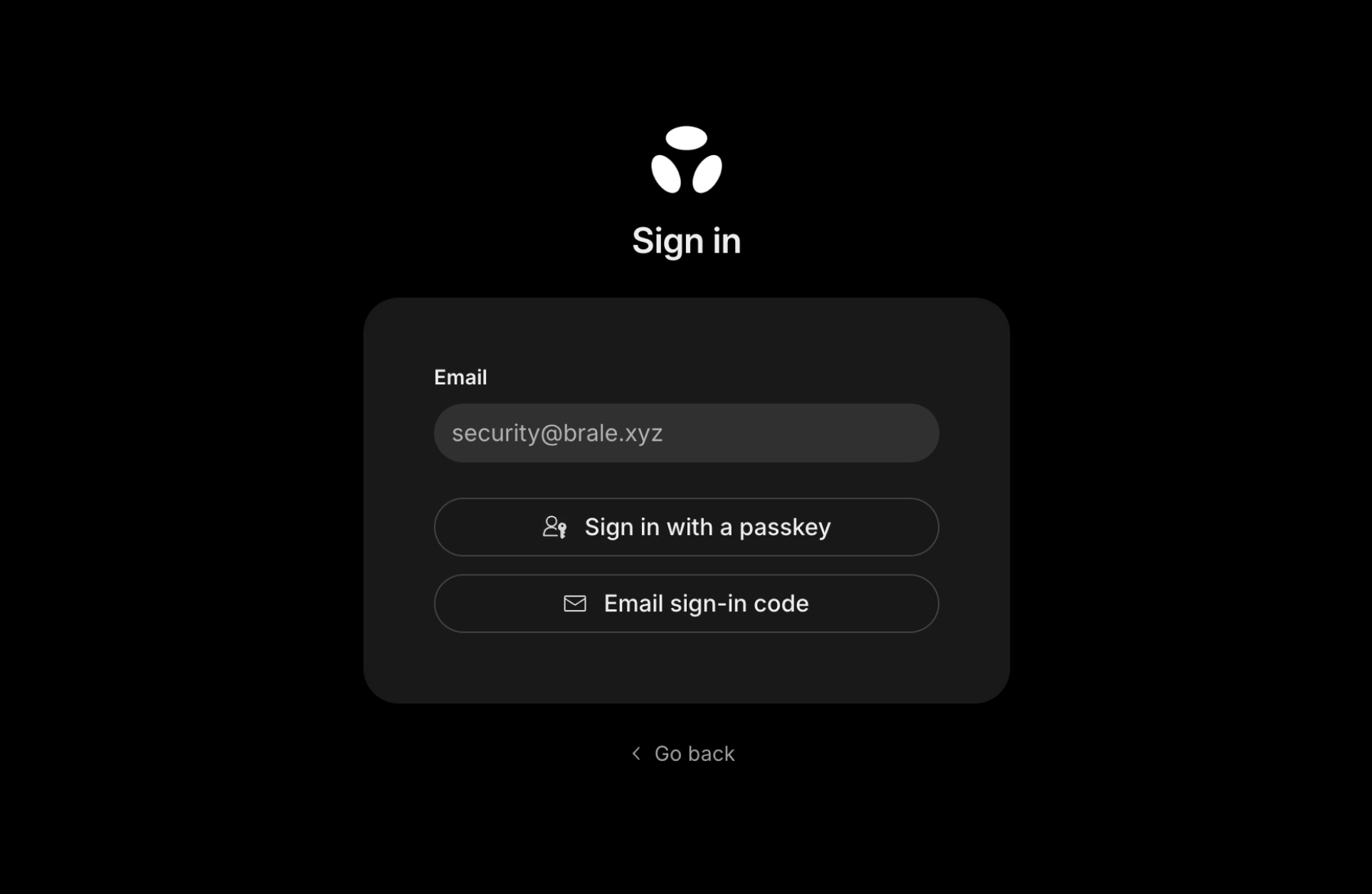 Passkey enrollment screen in the Brale dashboard