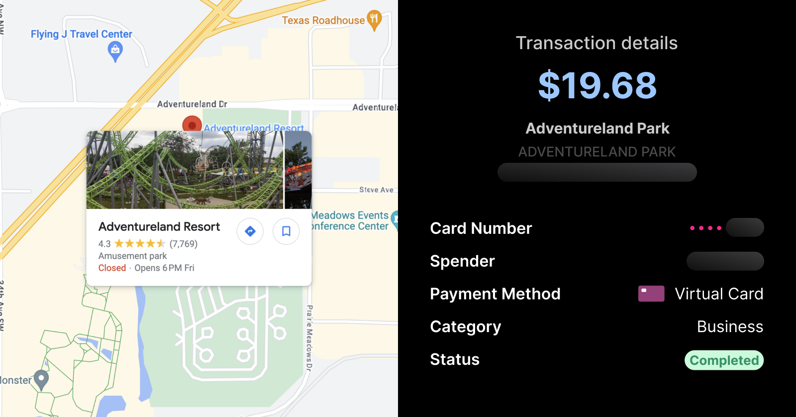 Rain Transaction Details UI for Adventureland Resort transaction | Brale