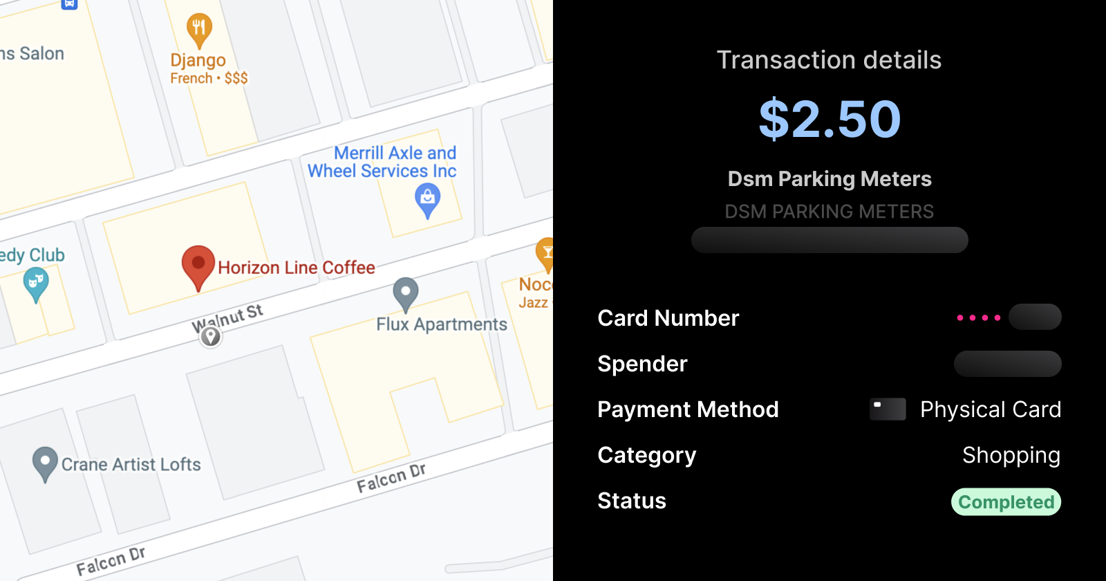 Rain Transaction Details UI for downtown Des Moines parking meter transaction | Brale